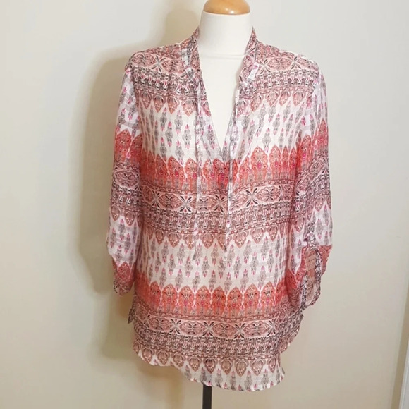 Chico's sheer 3/4 sleeve Mandarin collar  Bohemian print vee tie neck top SZ 2X - Picture 1 of 7